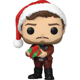Star-Lord #1104 Guardians of the Galaxy Holiday Special Funko Pop out of box with Santa hat and gift