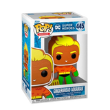 Gingerbread Aquaman #445 DC Super Heroes Holiday Funko Pop figure in box with trident cookie design