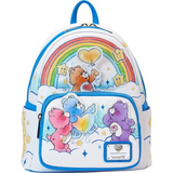 Front view of Loungefly Care Bears Rainbow Mini-Backpack showing straps and trim