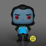 Frost Giant Loki #1269 Marvel Infinity Saga Funko Pop Glow in the Dark Entertainment Earth Exclusive vinyl figure out of box holding the Tesseract with glow