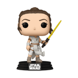 Rey #432 Star Wars Funko Pop with yellow lightsaber out of box