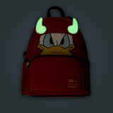 Loungefly Donald Duck Devil mini backpack red cosplay design Disney EE exclusive front view with glow