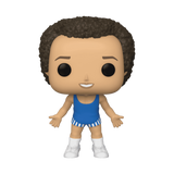 Richard Simmons #57 Funko Pop! Icons figure out of box with curly hair, blue outfit, and white sneakers