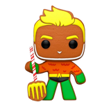 Gingerbread Aquaman #445 DC Super Heroes Holiday Funko Pop figure out of box with trident cookie design