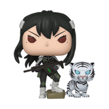 Mina Ashiro & Bakko #2085 Kaiju No. 8 Funko Pop! out of box with Mina holding her rifle alongside white tiger Bakko