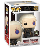 Aemond Targaryen #13 Glow Chase Funko Pop! displayed inside the box, front view
