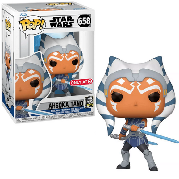Ahsoka Tano #658 Star Wars Funko Pop holding dual blue lightsabers in Clone Wars armor