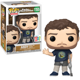 Andy With Leg Casts #1155 Parks and Rec Funko Pop Go Exclusive figure in box and out of box holding crutches wearing City of Pawnee shirt