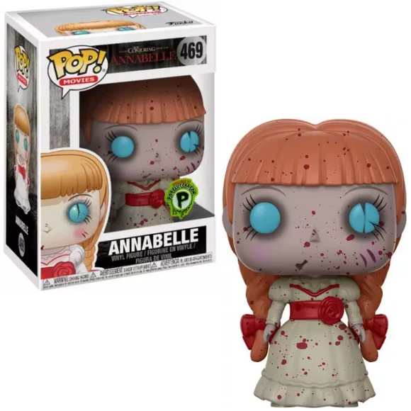 Annabelle (Bloody) #469 Funko Pop! shown in and out of box with blood splatter and creepy details