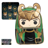 Loki Loungefly mini backpack EE Exclusive scepter cosplay green gold armor design front view with liner