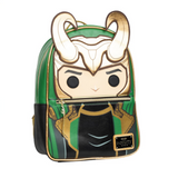 Loki Loungefly mini backpack EE Exclusive scepter cosplay green gold armor design side view
