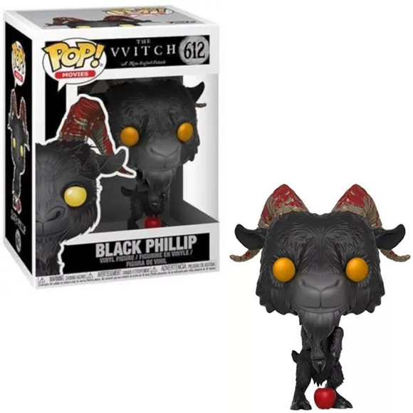 Black Phillip #612 The Witch Funko Pop! shown in and out of box with glowing eyes and red apple