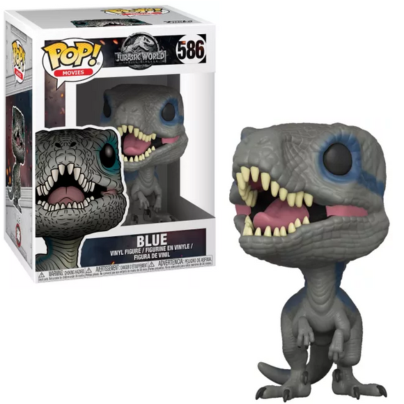 Blue #586 Jurassic World Funko Pop! shown in and out of box with blue stripe and open mouth
