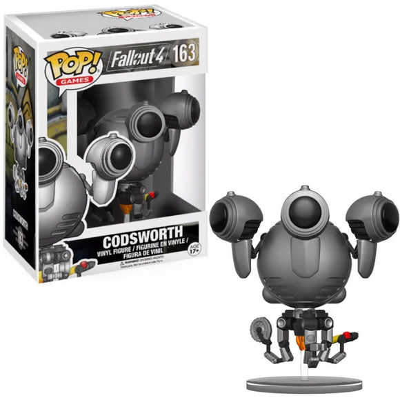 Codsworth #163 Fallout Funko Pop! shown in and out of box on clear hover base