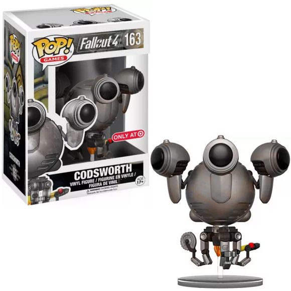 Codsworth (Battle) #163 Fallout Funko Pop! shown in and out of box with damaged details