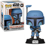 Death Watch Mandalorian #361 Star Wars GameStop Exclusive No Stripes Funko Pop figure in box and out of box with blue armor and blaster