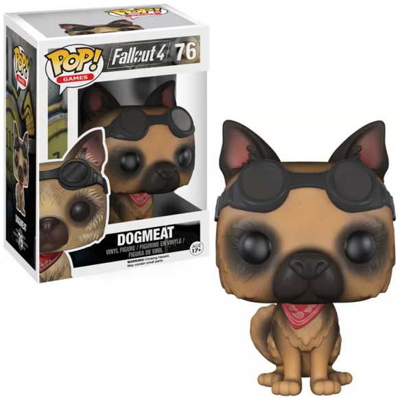 Dogmeat #76 Fallout Funko Pop! shown in and out of box with red bandana and goggles