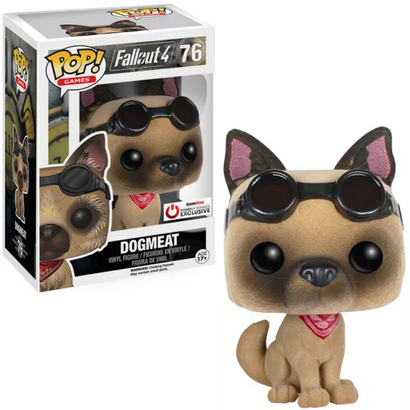 Dogmeat (Flocked) #76 Fallout Funko Pop! GameStop exclusive shown in and out of box with fuzzy finish