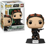 Fennec Shand #481 Star Wars Funko Pop standing in battle-ready pose with black and orange armor displayed in and out of box