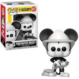 Firefighter Mickey #427 Funko Pop shown in-box and out-of-box, front view