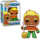 Gingerbread Aquaman #445 DC Super Heroes Holiday Funko Pop figure in box and out of box with trident cookie design