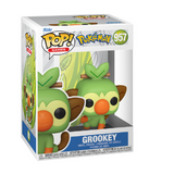 Grookey #957 Pokémon Funko Pop displayed inside the box, front view