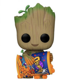 Groot with Cheese Puffs #1196 Flocked Funko Pop figure outside the box.