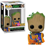 Groot with Cheese Puffs #1196 Flocked I Am Groot Funko Pop Hot Topic Exclusive shown in and out of the box.