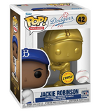Jackie Robinson #42 Gold Chase Funko Pop! displayed inside the box, front view