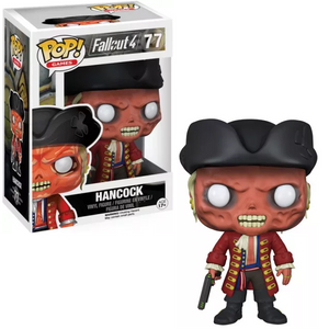 John Hancock #77 Funko Pop! from Fallout 4 shown in and out of box with colonial coat and tricorne hat