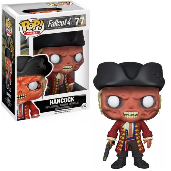 John Hancock #77 Funko Pop! from Fallout 4 shown in and out of box with colonial coat and tricorne hat