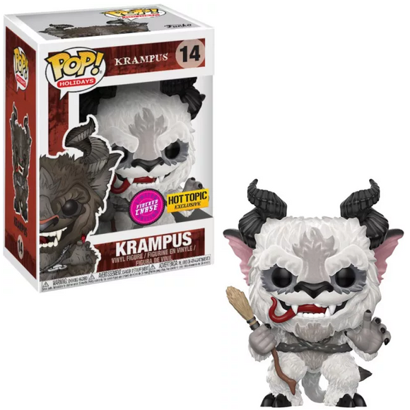 Krampus (Flocked Snow) #14 Funko Pop! Chase Hot Topic exclusive shown in and out of box with white snowy finish