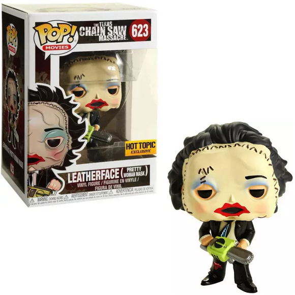Leatherface (Pretty Woman Mask) #623 Funko Pop! shown in and out of box with chainsaw and stitched face mask