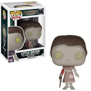 Little Sister #66 Funko Pop! from Bioshock shown in and out of the box, featuring her ADAM extractor and signature dress