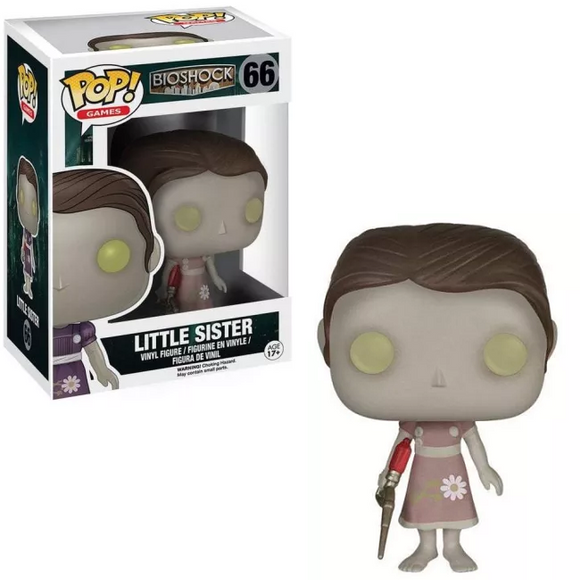 Little Sister #66 Funko Pop! from Bioshock shown in and out of the box, featuring her ADAM extractor and signature dress