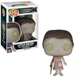 Little Sister #66 Funko Pop! from Bioshock shown in and out of the box, featuring her ADAM extractor and signature dress