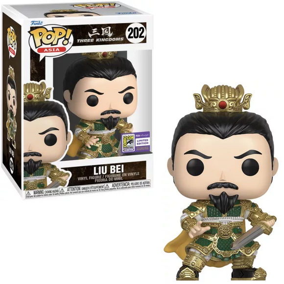 Liu Bei #202 SDCC Pop Asia shown in and out of box with gold crown and armor.