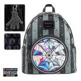 Wednesday Nevermore Loungefly mini backpack EE Exclusive gothic striped design front view