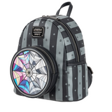 Wednesday Nevermore Loungefly mini backpack EE Exclusive gothic striped design front view side view