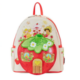 Front view of Loungefly Strawberry Shortcake Strawberry House Mini-Backpack with colorful house design