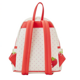 Back view of Loungefly Strawberry Shortcake Strawberry House Mini-Backpack with pink straps and accents