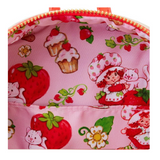 Inside liner of Loungefly Strawberry Shortcake Strawberry House Mini-Backpack with strawberry print pattern