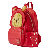 Side view of Loungefly Winnie the Pooh Puffer Jacket Cosplay Mini-Backpack showing straps and trim