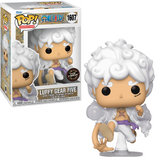 Luffy Gear Five Funko Pop #1607 GITD Chase displayed both inside the box and out of the box