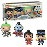 Luffytaro Sabo Roronoa Zoro Jinbe One Piece GITD GameStop Exclusive 4 Pack Funko Pop! in box and out of box