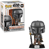 Mandalorian #345 Star Wars Chrome Amazon Exclusive Funko Pop figure in box and out of box with Beskar armor and rifle