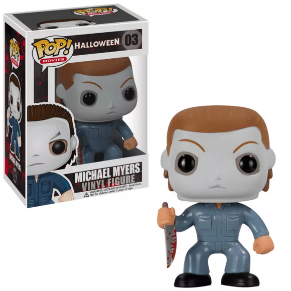 Michael Myers #03 Halloween Funko Pop! shown in and out of box with bloodied knife and large font box