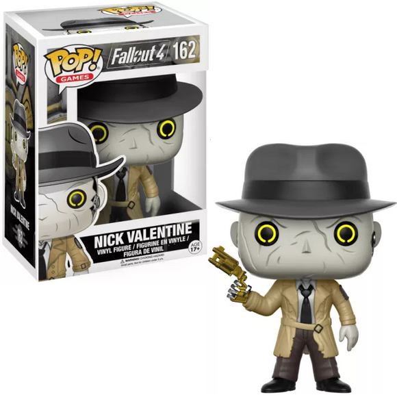 Nick Valentine #162 Funko Pop! from Fallout 4 shown in and out of box with trench coat, fedora, and glowing eyes
