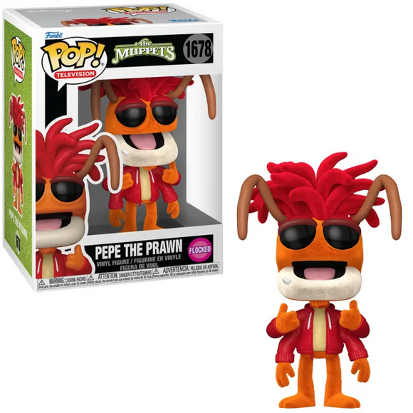 Flocked Pepe the Prawn Funko Pop #1678 shown in and out of box from The Muppets
