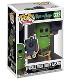 Pickle Rick with Laser #332 Funko Pop! displayed inside the box, front view